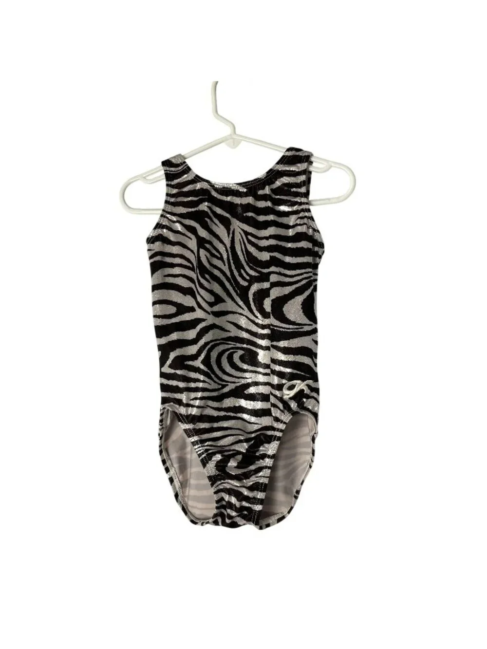 GK Elite Zebra Print Metallic Gymnastics Leotard Girls M (CM) Used Sleeveless